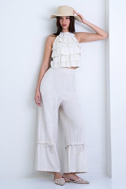 Trend Alaçatı Stili Women's Ecru Double Pocket Linen Loose Trousers with Tie ...