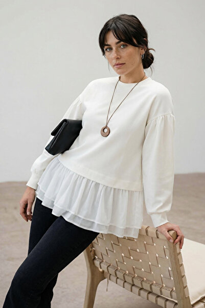 Trendyol Modest Ecru Oversized Interlock Plain Knitted Skirt with Ruffle Hem ...