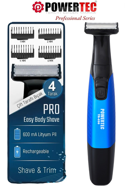 POWERTEC TR-650 (TAHRİŞ KARŞITI) Şarjlı Epilasyon Öncesi Hassas Vücut Tıraş M...