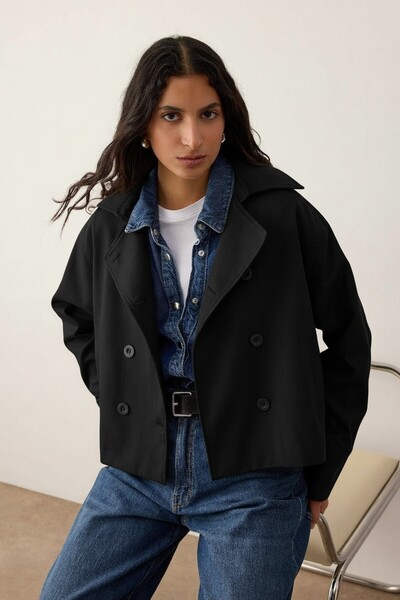 Trendyol Collection Black Double-Breasted Oversize Short Trench Coat Twoaw26T...