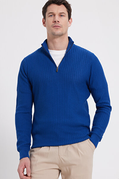 Tudors Slim Fit Slim Fit Stand Collar Zippered Patterned Saks Blue Men's Knit...