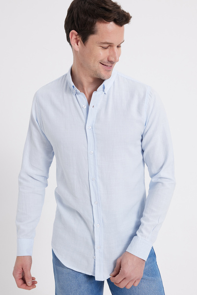 Tudors Erkek Slim Fit Dar Kesim Uzun Kollu %100 Pamuk Keten Doku Düğmeli Yaka...