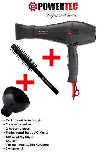 POWERTEC TR-701 Profesyonel Fön Makinesi + Hacimlendirici Difüzör Başlık + Pr...