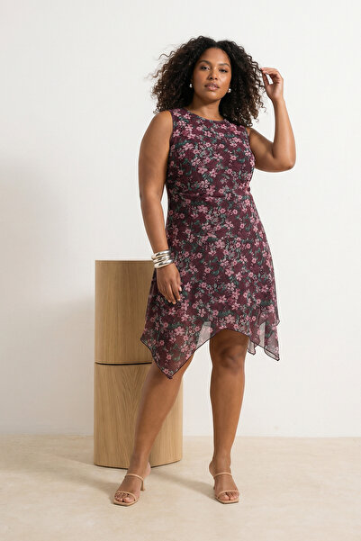 Trendyol Curve Φόρεμα με μοτίβο λουλουδιών σε μπορντό χρώμα, πλεκτό, με μαντή...