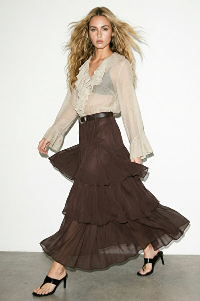 Drop by TrendyolMilla Smeđa Kaiš slojevita duga šifonska suknja TDRSS26ET00017