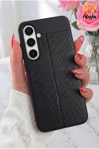 Fibaks غطاء حماية لهاتف Galaxy S24 FE بتصميم جلدي مع نمط خياطة وغطاء كاميرا بارز