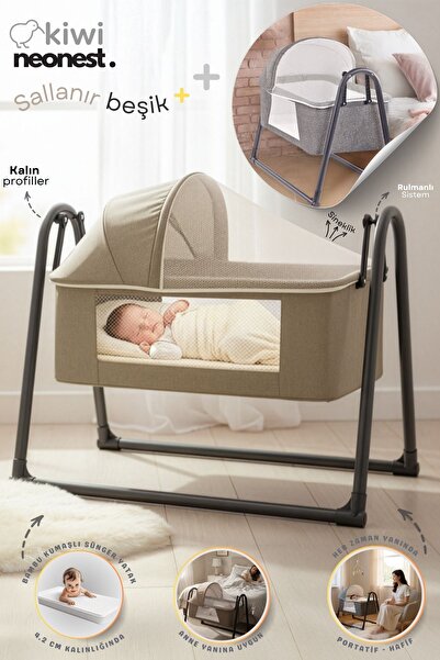 Kiwi Neonest Anne Yanı Kalın Yataklı Cibinlikli Ve Tenteli, Sallanır. Portati...