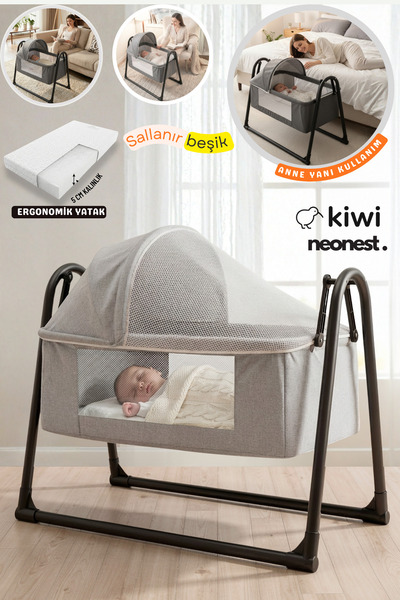 Kiwi Neonest Anne Yanı Kalın Yataklı Cibinlikli Ve Tenteli, Sallanır. Portati...