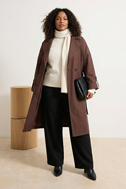 Trendyol Curve Brown Oversized Plus Size Trench Coat Tbbss25Bm00001