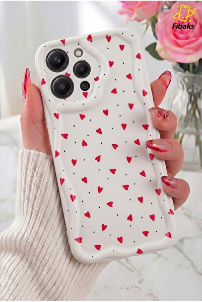 Fibaks Redmi 12 Kılıf Kamera Korumalı Dalga Kenarlı Kırmızı Kalp Desenli Sili...
