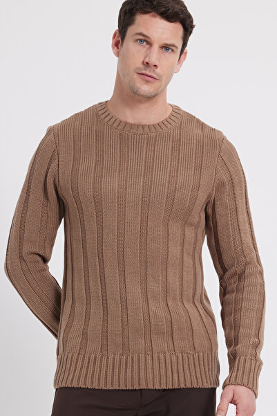 Tudors Men's Standard Fit Regular Cut Crew Neck Patterned Mink Sweater
