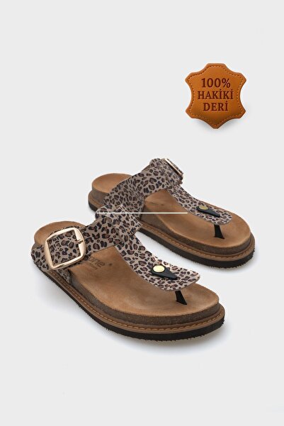 Capone Outfitters Deri Parmak Arası Leopar Kadın Terlik