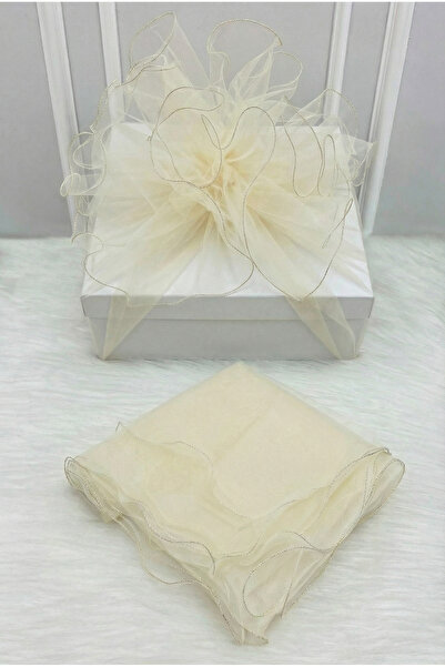 ZEYMERADE Krem Süsleme Tülü, Gold Kenar Bohça Çeyiz Gelin Damat Söz Nişan Nik...