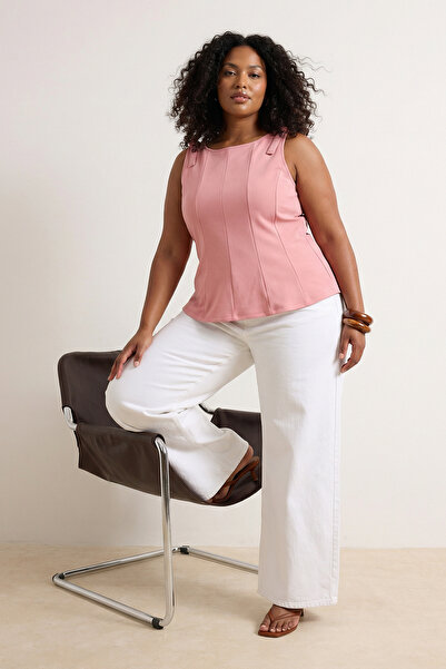 Trendyol Curve Pink Zero Sleeve Peplum Waist Fitted Shoulder Bow Detail Knitt...