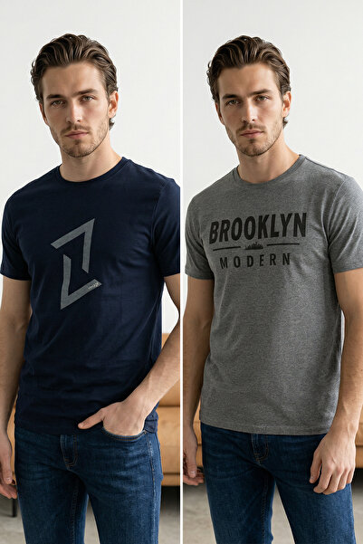 Trendyol Collection Tricou negru-gri, pachet de 2, cu imprimeu cu matriță nor...