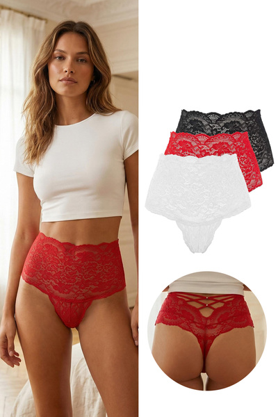 Trendyol Collection Black-White-Red 3-Pack Lace Cross Piped Detail Thong Pant...