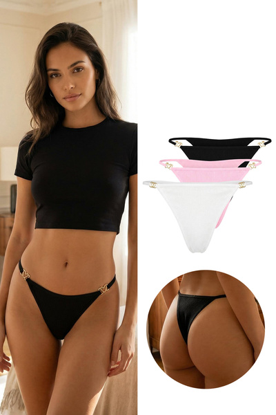 Trendyol Collection Black-White-Multicolor 3-Piece Single Jersey Heart Access...