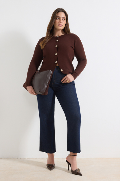 Trendyol Curve Braune Premium-/Spezialgarn-Strickjacke im Jacken-Look mit Ros...