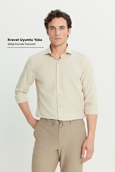 AC&Co / Altınyıldız Classics Ανδρικό μπεζ πουκάμισο Oxford με λεπτή εφαρμογή ...