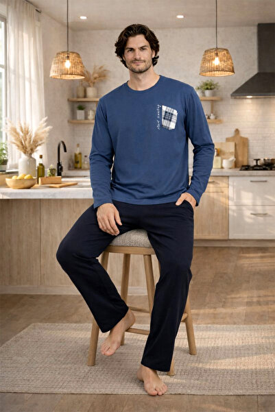 Trendyol Collection Σετ Πιτζάμες Πλεκτές με Στάμπα σε Μπλε Ναυτικό Χρώμα, Καν...