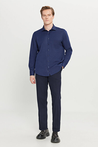AC&Co / Altınyıldız Classics Erkek Lacivert Pamuklu Tailored Slim Fit Dar Kesim Klasik Yaka Armürlü Cepli Gömlek