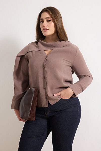 Trendyol Curve Mink Modal Long Sleeve Shawl Detail V-Neck Plus Size Blouse Tb...