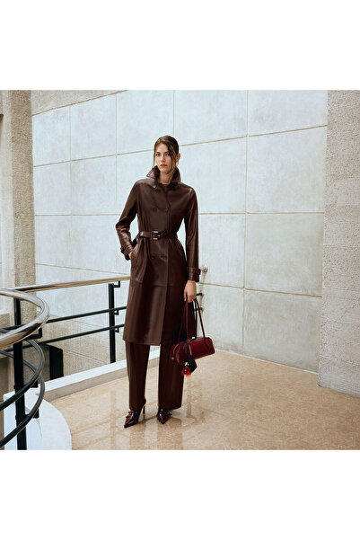 Desa Kadın Bordo Yakalı Deri Trençkot