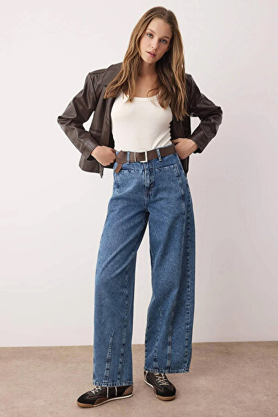 Trendyol Collection Μπλε καφέ ψηλόμεσο φαρδύ τζιν με λεπτομέρεια ραφής με ζών...