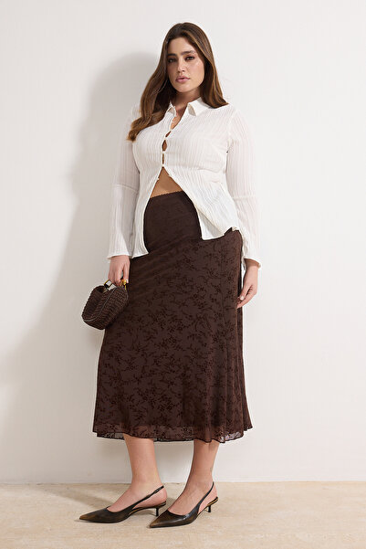 Trendyol Curve Fusta maro cu model flocat din material subțire mărime mare TB...