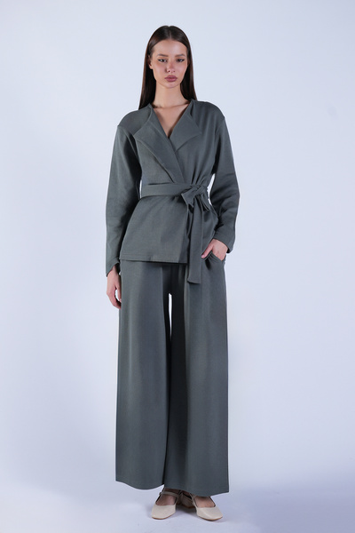 Trend Alaçatı Stili Women's Khaki Self-Belted Long Jacket and Double-Pocket T...