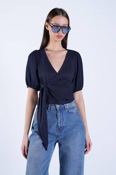 Trend Alaçatı Stili Women's Navy Blue Balloon Sleeve Double Breasted Waist Ti...