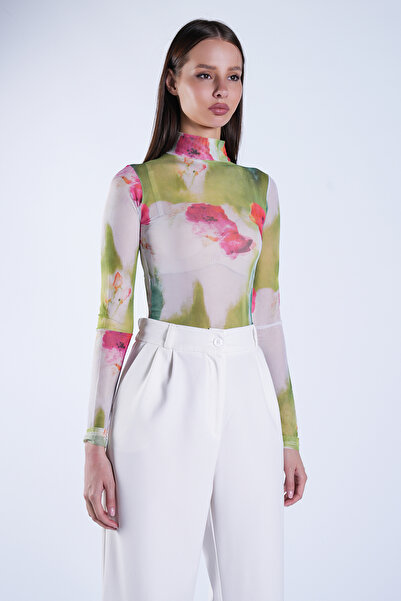 Trend Alaçatı Stili Γυναικεία πράσινη μπλούζα με ψηφιακή στάμπα και διαφανές ...