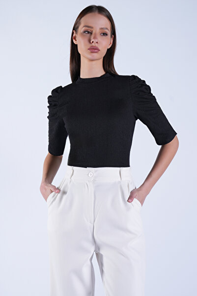 Trend Alaçatı Stili Дамска черна блуза с висока яка, скрит цип и без ръкави A...