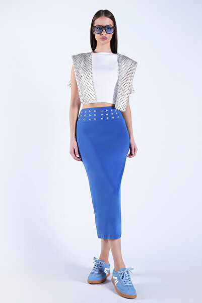 Trend Alaçatı Stili Fusta creion cu curea albastru indigo pentru femei, cu de...