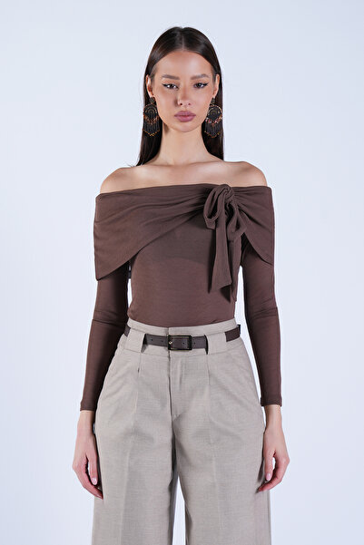 Trend Alaçatı Stili Women's Brown Carmen Collar Tie Detailed Transparent Blou...