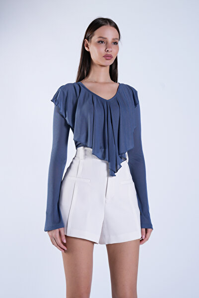 Trend Alaçatı Stili Women's Indigo V-Neck Spanish Sleeve Front Flounce Transp...