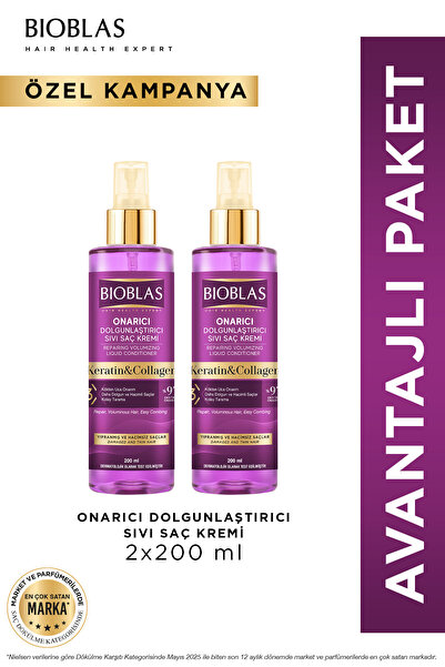 Bioblas Keratin Kolajen Sıvı Saç Kremi 2 x 200 Ml - Onarıcı, Dolgunlaştırıcı,...