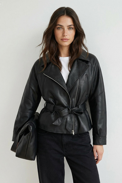 Trendyol Collection Palton negru din piele artificială cu curea, croială regu...
