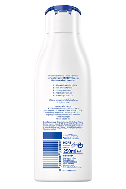 NIVEA Express Hydration Nemlendirici Vücut Bakım Losyonu 250ml, Normal ve Kuru Cilt, Yumuşak Cilt