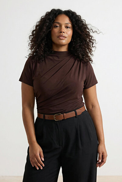 Trendyol Curve Brown Mock Neck Shirred Sandy Knitted Plus Size Blouse Tbbaw26...