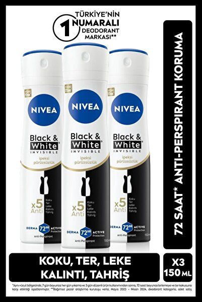 NIVEA Kadın Sprey Deodorant Black&White Invisible İpeksi Pürüzsüzlük 150ml, 7...