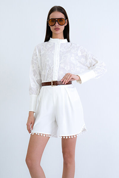 Trend Alaçatı Stili Women's Ecru Wide Cuff Embroidered Shirt and Double Pocke...