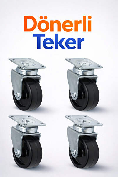 Badem10 4'lü Set Tablalı Dönerli Mobilya Tekerleği 50 MM Siyah Renk Dayanıklı...