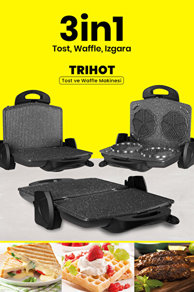 GOLDMASTER Trihot 3 In 1 Granit Çıkarılabilir Plakalı Waffle Izgara Tost Maki...