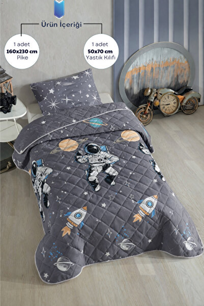 Formeya Astronot Desenli Çocuk-Genç Odası Tek Kişilik Pike-Yatak Örtüsü Takım...