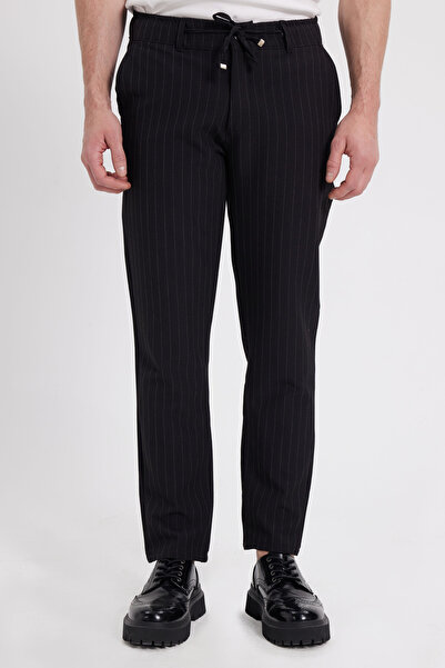 Tudors Men's Slim Fit Narrow Cut Seersucker Fabric Striped Black Trousers wit...