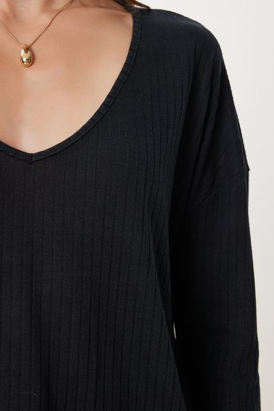 Happiness İstanbul Kadın Siyah V Yaka Basic Fitilli Örme Bluz UB00441