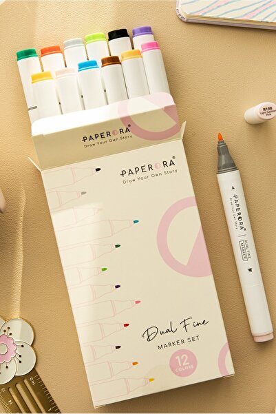 PAPERORA 12’li Çift Uçlu Alkol Bazlı Marker Kalem Seti – Fine + Chisel