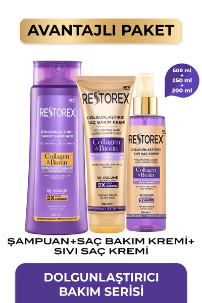 Restorex Kolajen & Biotin Dolgunlaştırıcı Sıvı Saç Kremi + Şampuan + Saç Bakı...