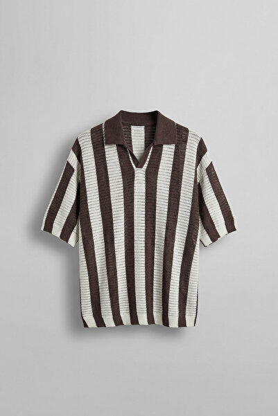 ablukaonline Ανδρικό πλεκτό μπλουζάκι με γιακά μισό φερμουάρ, υπερμεγέθη, καφέ